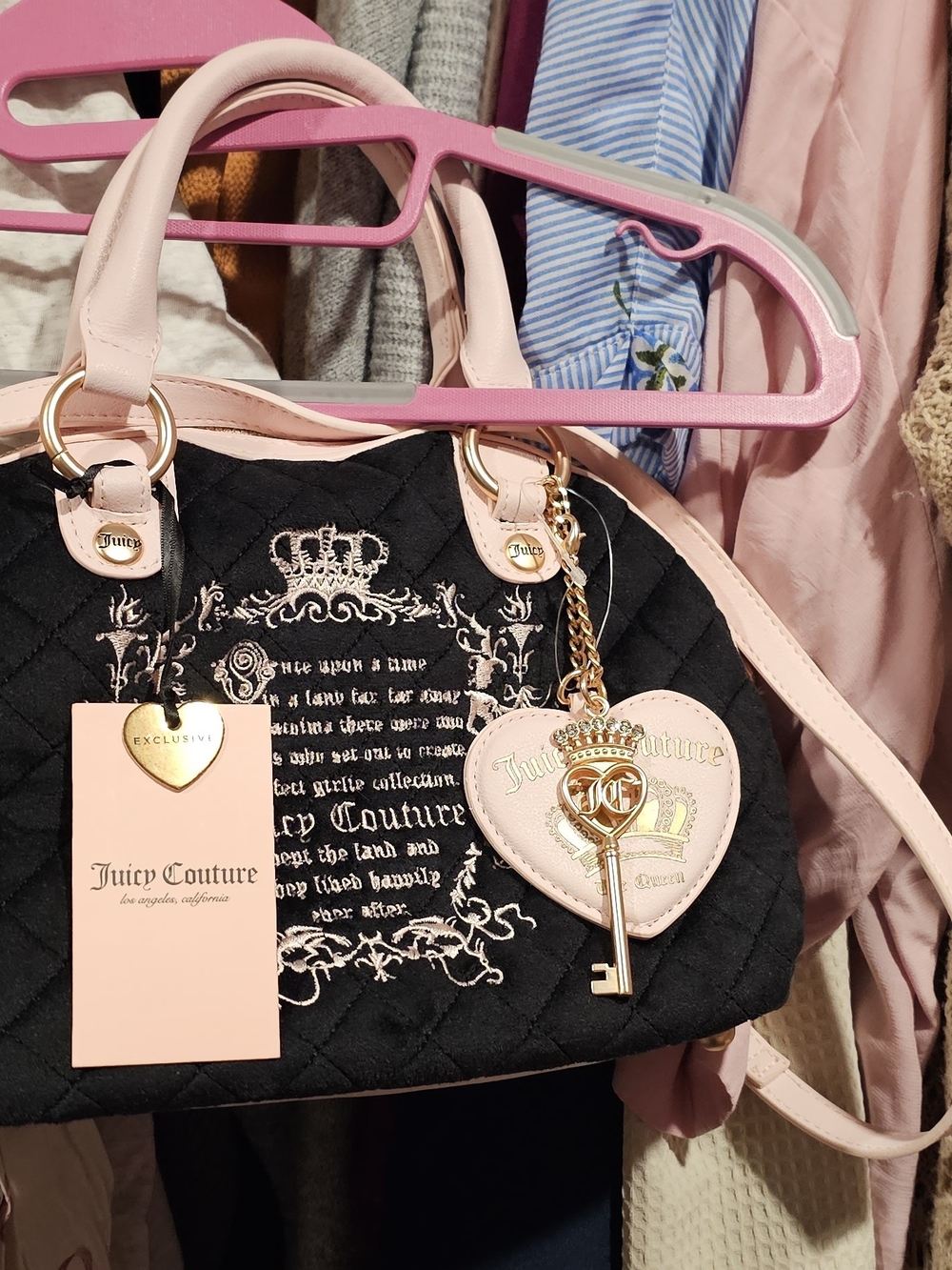 Juicy Couture Black Quilted Satchel with Pink Trim and Heart Key Charm